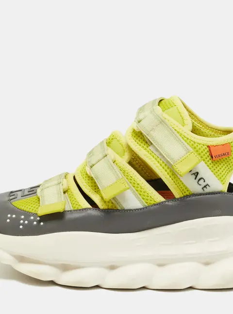 Versace Chain Reaction Size 36 Grey/Green Leather and Mesh Lace Up Sneakers