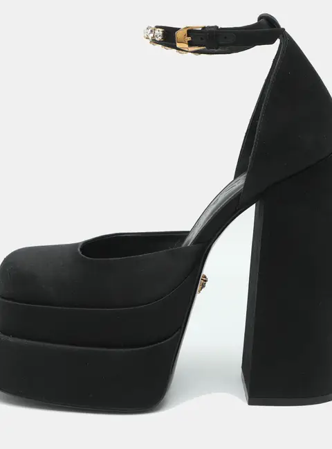 Versace Medusa Aevitas Size 38 Black Satin Double Platform Pumps