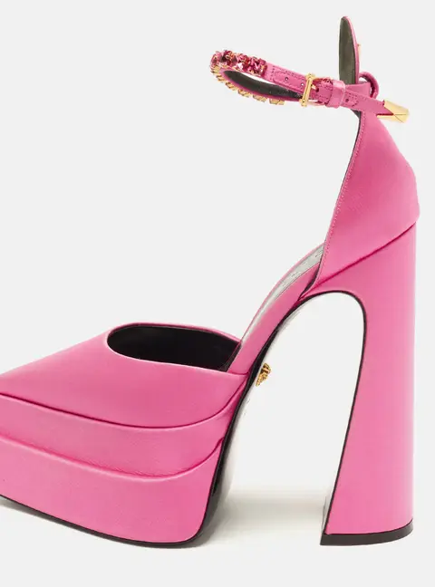 Versace Aevitas Size 38 Pink Satin Double Platform Ankle Strap Pumps