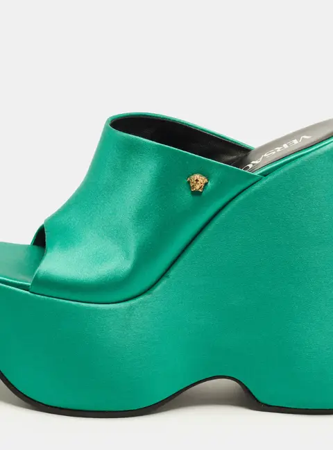 Versace Triplatform Size 39.5 Green Satin Wedge Sandals