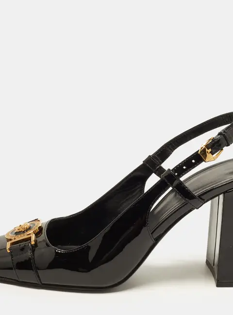 Versace Medusa Size 37 Black Patent Leather Slingback Block Heel Pumps