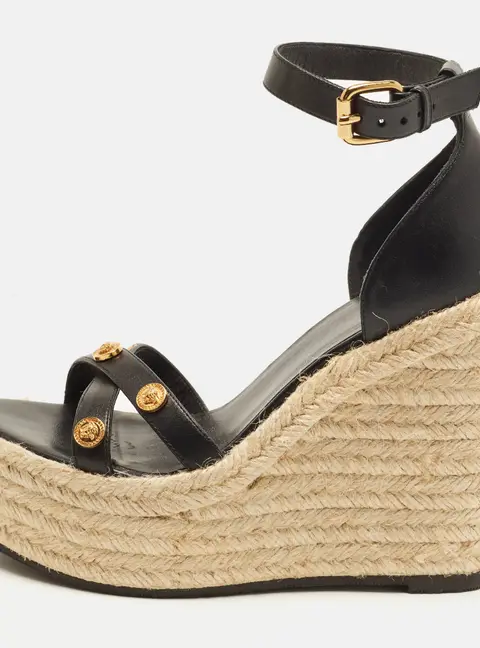 Versace Medusa Size 36 Black Leather Wedge Sandals