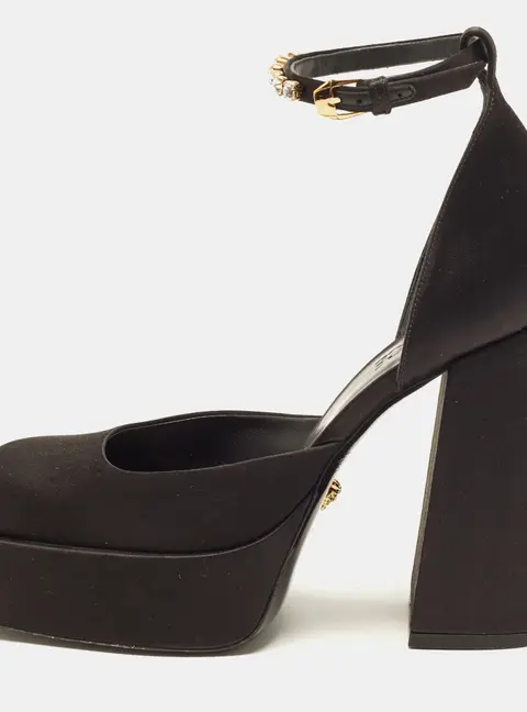 Versace Aevitas Size 40 Black Satin Platform Ankle Strap Pumps