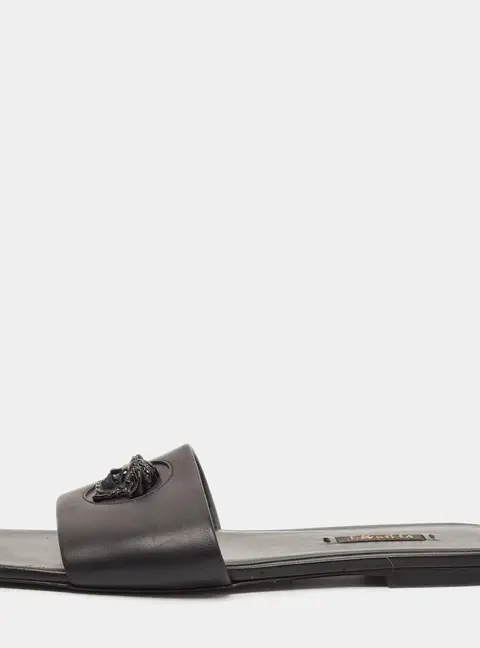 Versace Medusa Size 37 Black Leather Logo Flat Slide