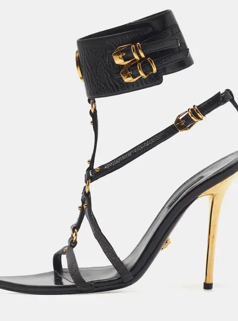 Versace Medusa Size 37 Black Leather Ankle Strap Sandals