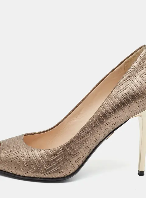 Versace Size 37 Gold Leather Peep Toe Pumps