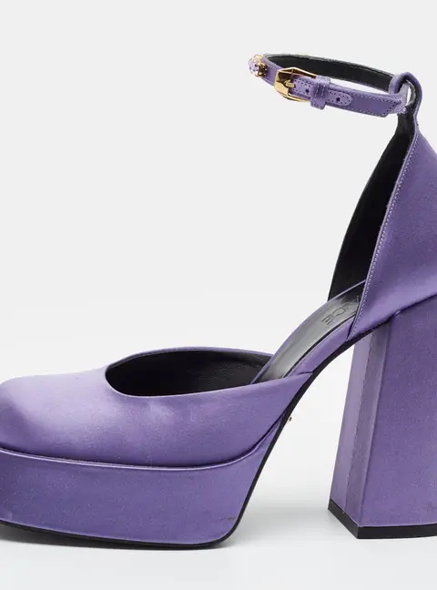 Versace Medusa Aevitas Size 39.5 Purple Satin Crytal Embellished Platform Pumps