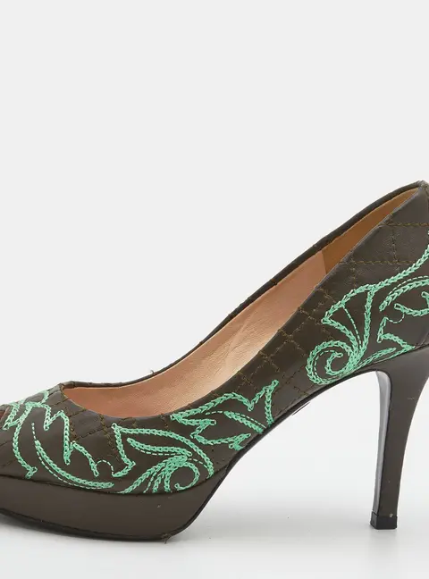 Versace Olive Brown Embroidered Leather Peep Toe Platform Pumps Size 36