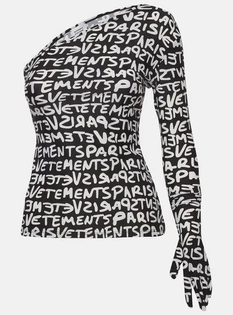 Vetements Monochrome All Over Logo Print Jersey One Shoulder Top S