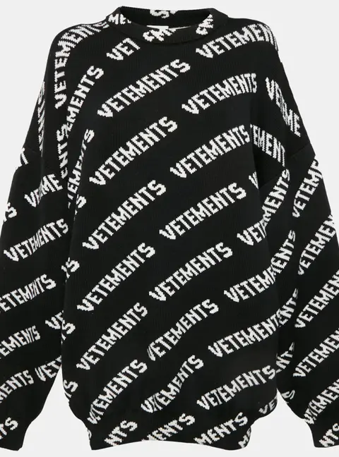 Vetements Black/White Logo Jacquard Rib Knit Sweater L