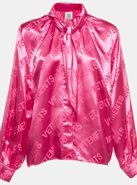 Vetements Pink Logo Jacquard Satin Neck-Tie Blouse M