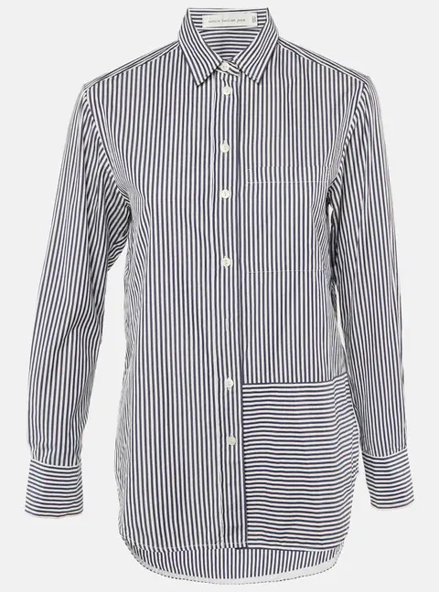 Victoria Beckham Jeans Navy Blue Striped Cotton Button Front Shirt S