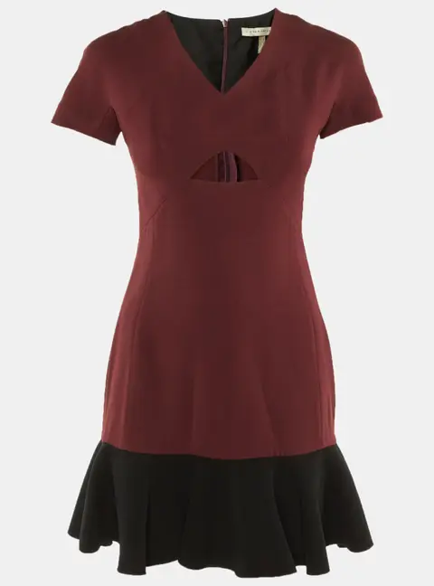 Victoria Beckham Burgundy/Black Silk & Wool Flounced Hem Mini Dress S