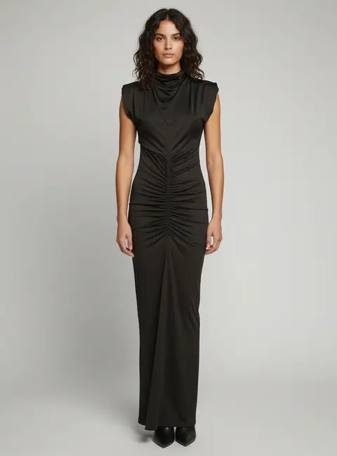 Victoria Beckham Black Jersey Ruched High-Neck Maxi Dress S