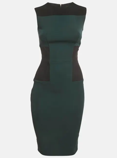 Victoria Beckham Green/Black Crepe Side Panel Sheath Midi Dress S