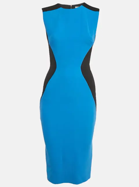 Victoria Beckham Blue Silk & Wool Contrast Detail Midi Dress M
