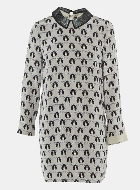 Victoria Beckham Grey Printed Shimmer Detachable Collar Silk Dress M