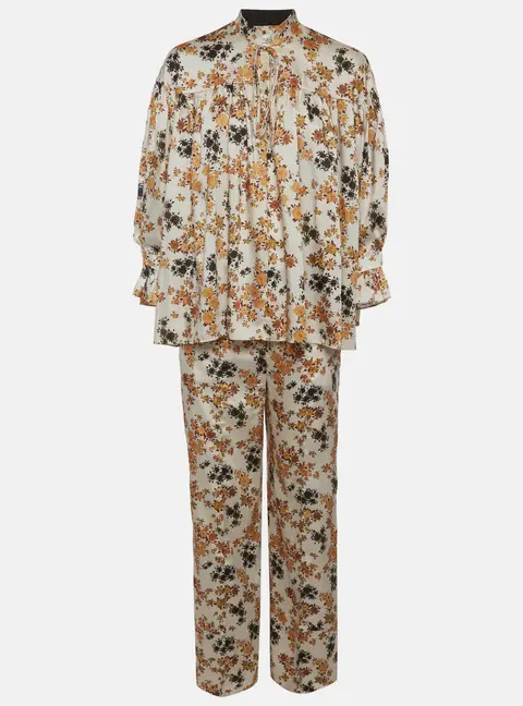 Victoria Victoria Beckham Off-White Floral Print Satin Ruffled Top and Pants Set S
