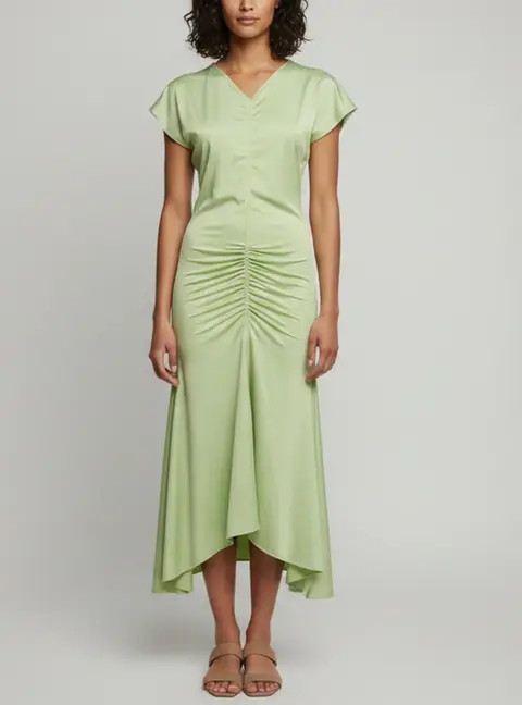 Victoria Beckham Light Green Ruched Jersey Asymmetric Midi Dress M
