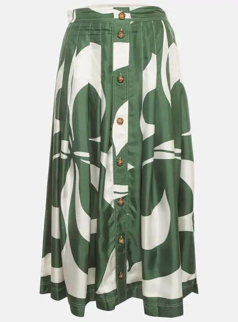 Victoria Beckham Green/White Abstract Print Silk Pleated Midi Skirt S