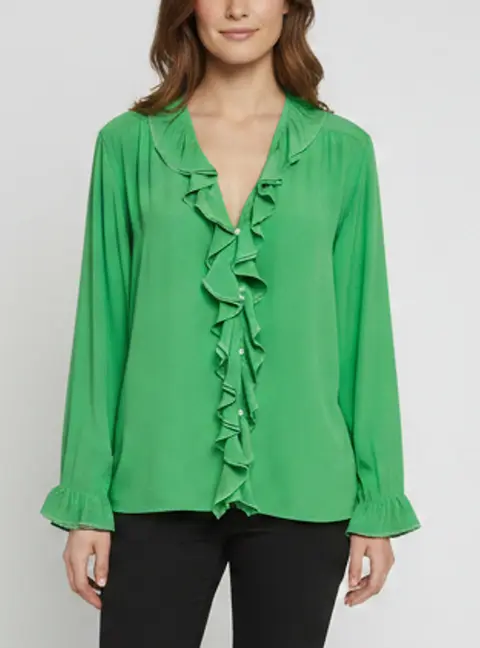 Victoria Beckham Green Crepe Ruffle Long Sleeve Top S