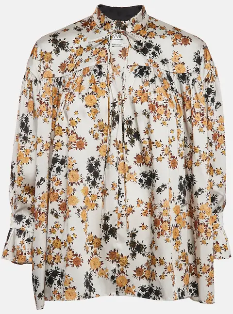 Victoria Victoria Beckham Off-White Floral Print Satin Ruffled Top S