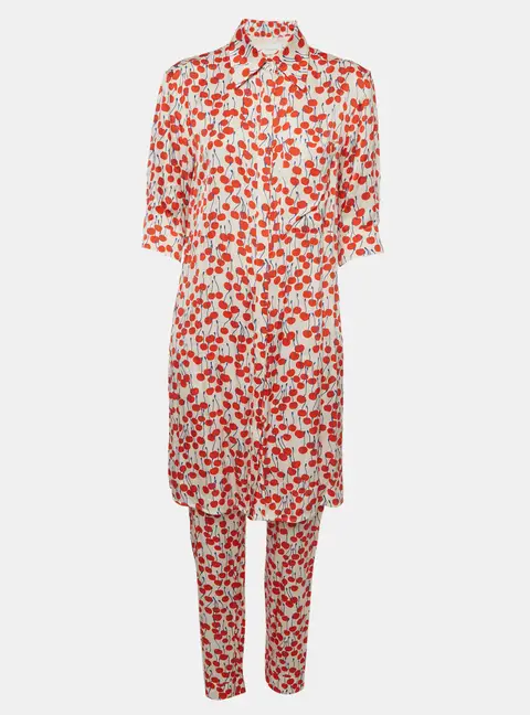 Victoria Victoria Beckham White Cherry Print Satin Tunic and Pants Set M