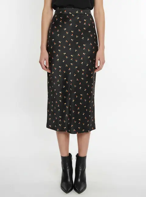 VVB Victoria Beckham Black Floral Print Textured Satin Midi Skirt S