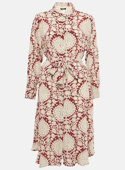 Weekend Max Mara Burgundy Printed Silk Belted Midi Dress L