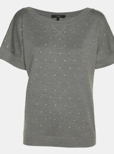 Weekend Max Mara Grey Silk Blend Crystal Embellished Top L
