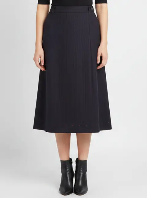 Weekend Max Mara Navy Blue Stripe Wool Slit Midi Skirt S