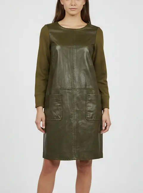 Weekend Max Mara Brown/Olive Leather and Jersey Long Sleeve Mini Dress M