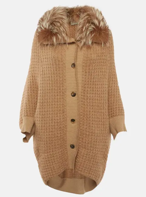 Yves Saint Laurent Brown Fur Trim Cotton Knit Cardigan XS