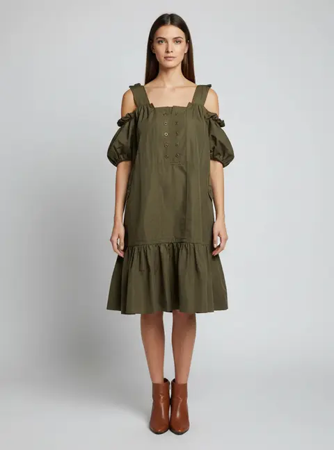 Yves Saint Laurent Olive Green Cotton Blend Off Shoulder Safari Dress L