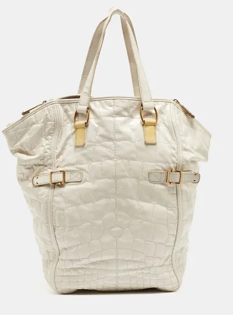 Yves Saint Laurent Off White Croc Embossed Patent Leather Large Downtown Tote