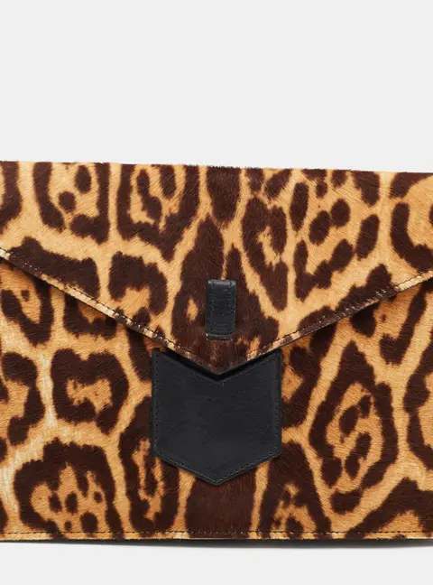 Yves Saint Laurent Brown Leopard Print Calf Hair Envelope Clutch
