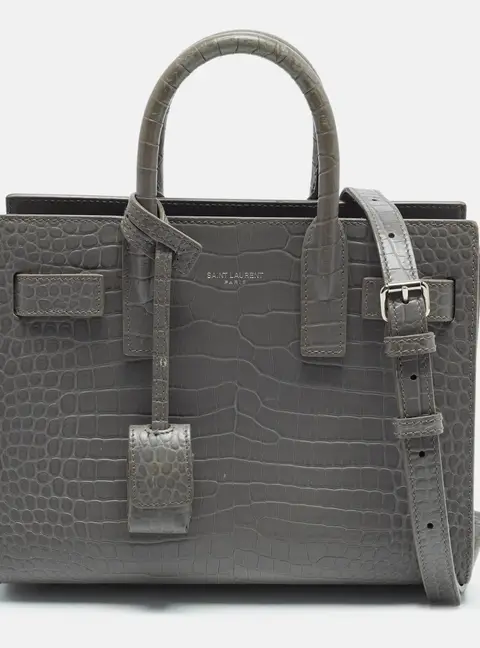 Saint Laurent Classic Sac De Jour Nano Grey Croc Embossed Leather Tote
