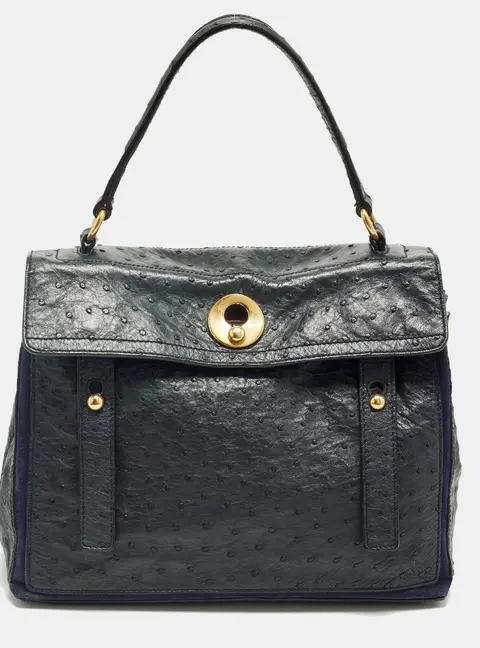 Yves Saint Laurent Muse Two Navy Blue Ostrich Leather and Suede Top Handle Bag