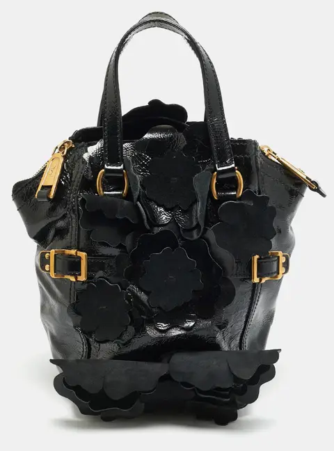 Yves Saint Laurent Downtown Floral Applique Mini Black Patent Leather Tote