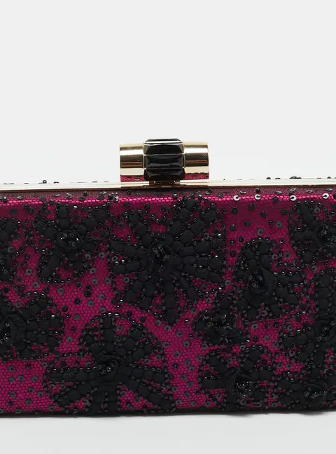Yves Saint Laurent Embellished Black/Pink Mesh and Satin Frame Clutch