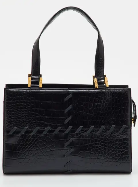 Yves Saint Laurent Vintage Black Croc Embossed Leather Tote