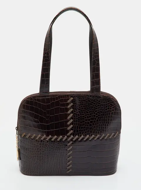 Yves Saint Laurent Vintage Dark Brown Croc Embossed Leather Satchel
