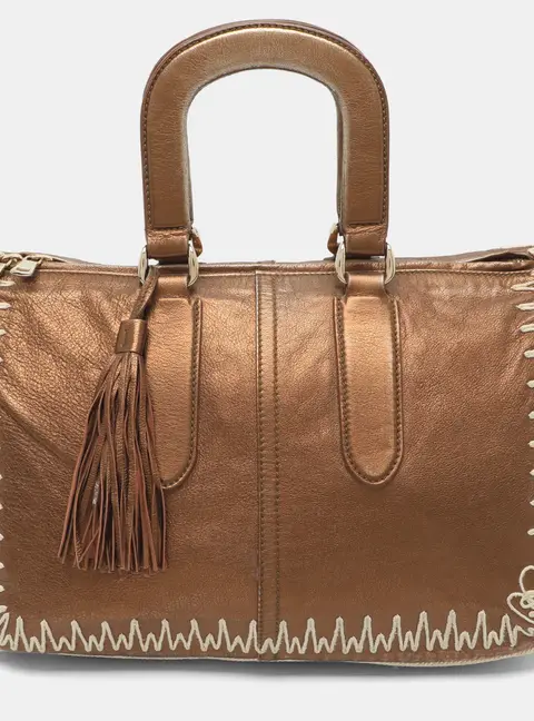 Yves Saint Laurent Metallic Beige Leather Embroidered Boston Bag