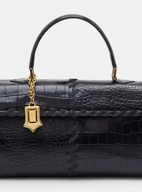 Yves Saint Laurent Vintage Black Croc Embossed Leather Whipstitch Flap Top Handle Bag