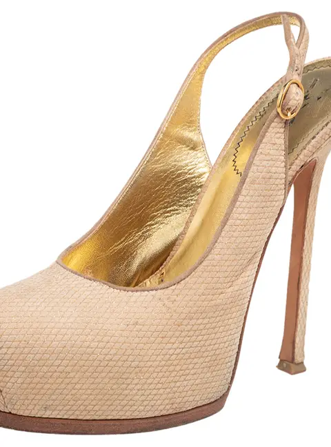 Yves Saint Laurent Cream Snakeskin Embossed Suede Tribtoo Slingback Pumps Size 39