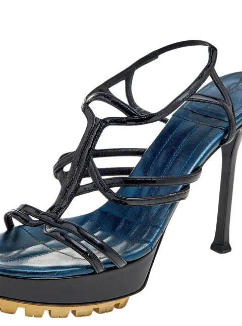 Yves Saint Laurent Black Patent Leather Strappy Platform Sandals Size 36.5