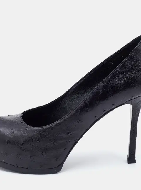 Yves Saint Laurent Black Ostrich Leather Tribtoo Platform Pumps Size 37.5