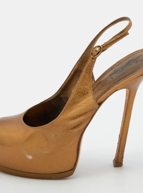 Yves Saint Laurent Metallic Brown Leather Tribtoo Slingback Platform Pumps Size 39