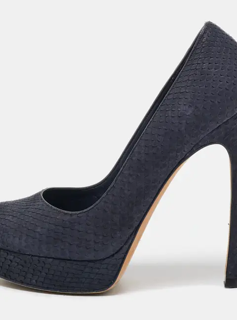 Yves Saint Laurent Size 37.5 Navy Blue Python Leather Platform Pumps