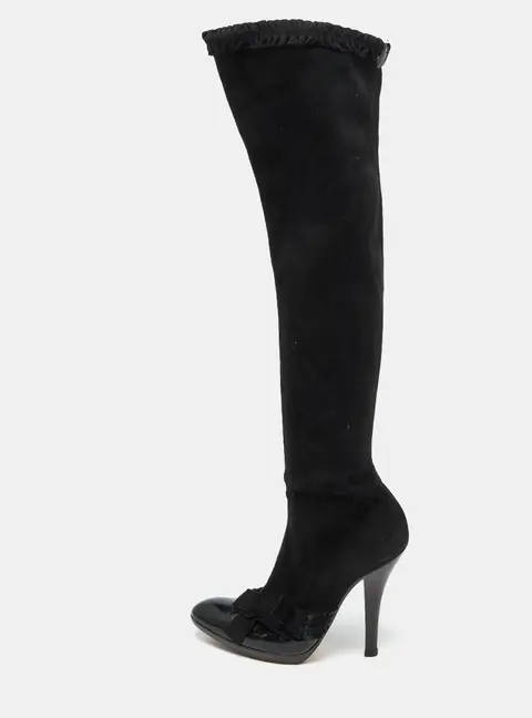 Yves Saint Laurent Black Suede and Patent Leather Knee Length Boots Size 38